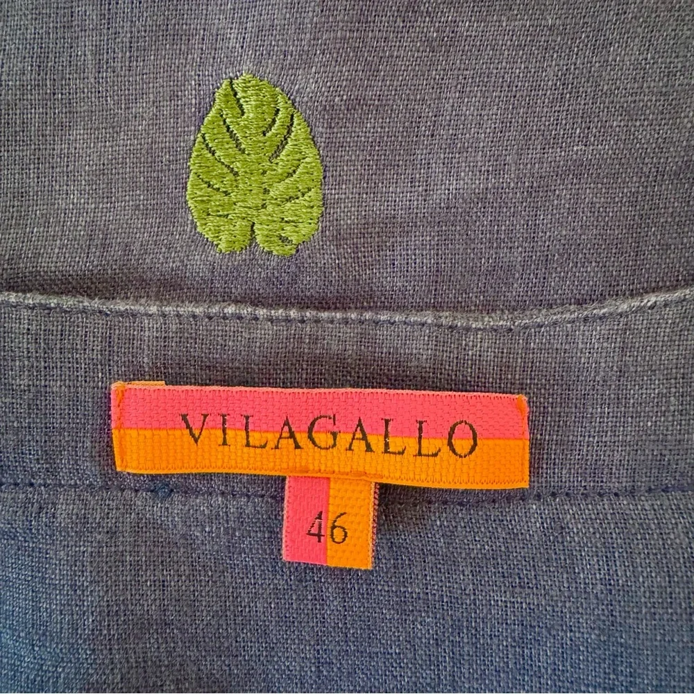 Vilagallo Navy Linen Embroidered Tropical Blouse with Toucan & Palm Motifs Sz 12 - Picture 12 of 13